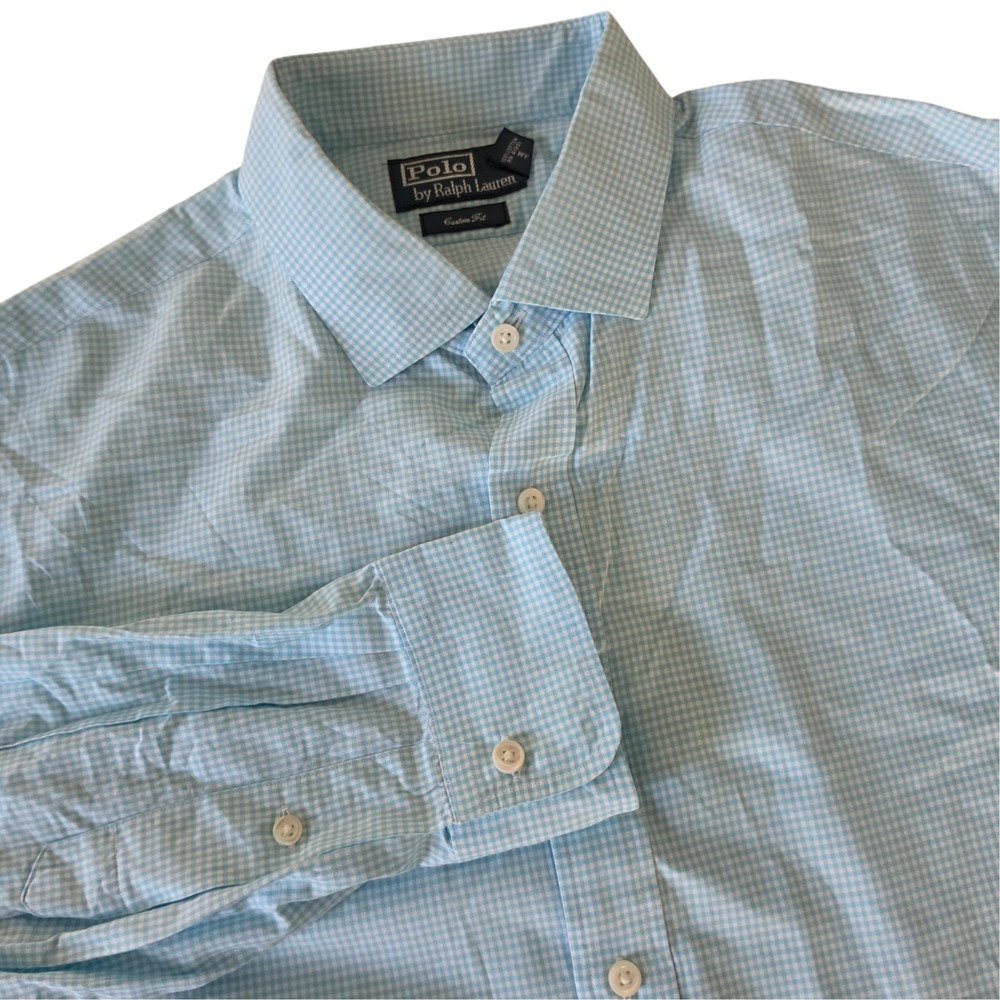 Polo Ralph Lauren Mens Button Down Shirt Blu Gingham Custom Fit 17.5 44 XL